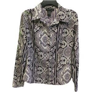 Ninety Women M Top Paisley Blouse Button Down Long Sleeved Shirt Purple Workwear